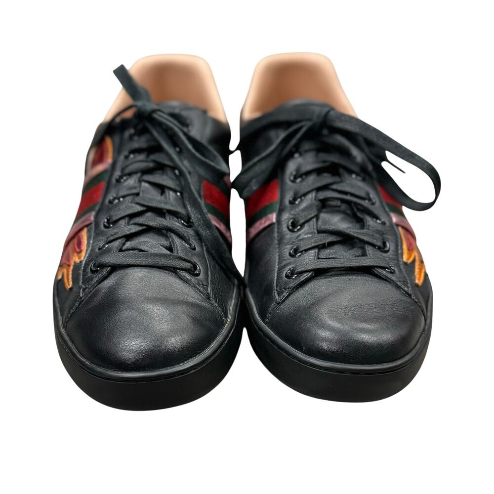 Men's GUCCI Ace Flame Black Leather Low Top Flame Lace-Up Sneakers Sz. 9 440724 - Picture 7 of 11